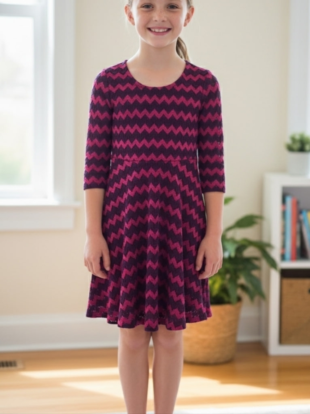 Bonnie Jean Pink and Purple Chevron Dress for Girl. Zig Zag Design Girl Dress